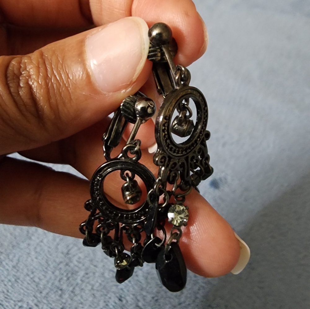 Vintage Black Beaded Chandelier Clip-On Earrings